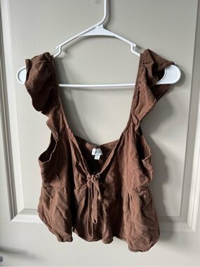 La Hearts Brown Ruffle-Shoulder Tie-Front Crop Top